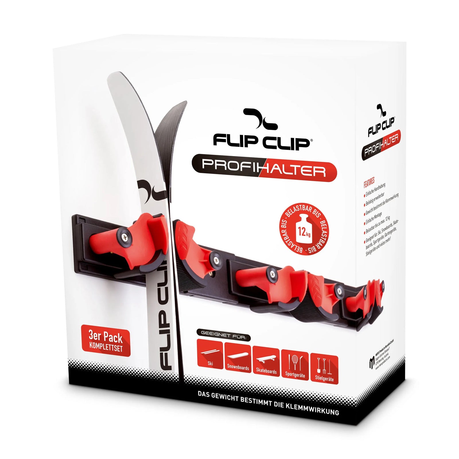 Skiwandhalter FlipClip der perfekte Skihalter. einfach zu montieren, hält die Ski bombenfest. immer Ordnung im Skikeller, für 3 Paar Ski